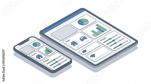 Device Based UI Mockup Showcasing Tablet and Smartphone Interfaces with Analytics Dashboards. Vector Illustrations. EPS Editable