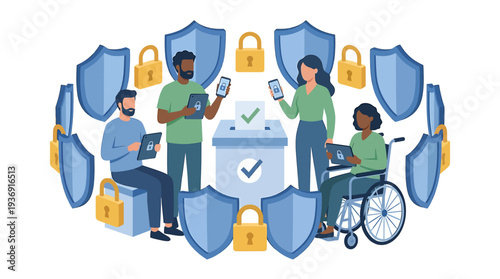 Diverse Team Collaborates for Security Shield Protection. Vector Illustrations. EPS Editable