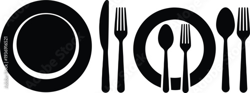 Black and white minimalist vector icons of formal table settings including plates, forks, spoons and knives for restaurant menu design or dinner etiquette guide. (25 words)
