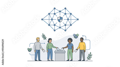 Diverse Team Collaboration Around Chalkboard With Network Concept. Vector Illustrations. EPS Editable