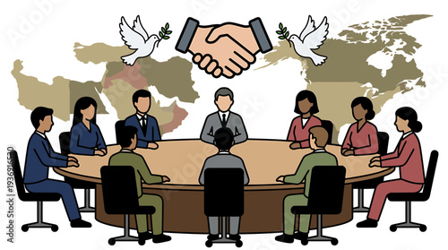 Diverse team meeting around conference table with global partnership handshake illustration. Vector Illustrations. EPS Editable