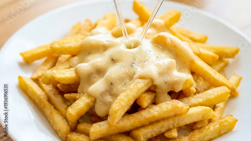 Delicious potato fries topped with savory carbonara sauce and romantic heart picks served with a matcha latte in the background. / Kentang goreng lezat dengan topping saus karbonara gurih dan tusukan 