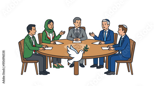 Diverse team meeting around roundtable with dove centerpiece for peace and collaboration. Vector Illustrations. EPS Editable