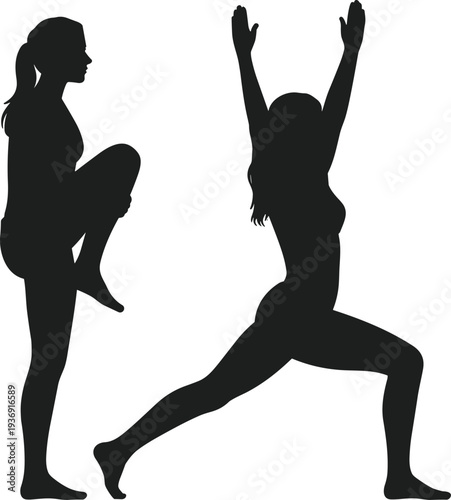 Women yoga and fitness silhouettes performing stretching exercise poses isolated on white background representing healthy lifestyle, workout, wellness and body flexibility
