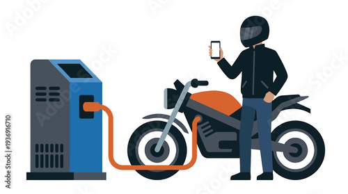 Electric Motorcycle Rider Refueling At Charging Station With Cables. Vector Illustrations. EPS Editable