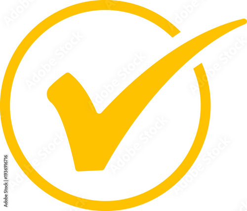 Schilderij op canvas Yellow checkmark in circle icon round tick symbol for quality assurance and proj
