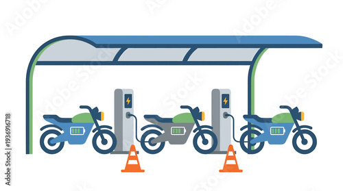 Electric Motorcycles Charging At Sheltered Station. Vector Illustrations. EPS Editable
