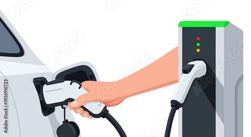 Electric Vehicle Charging Plug In Scene Demonstrates Modern EV Infrastructure. Vector Illustrations. EPS Editable
