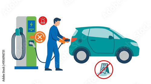 Electric Vehicle Charging Station Car With Signage And Safety Icons. Vector Illustrations. EPS Editable
