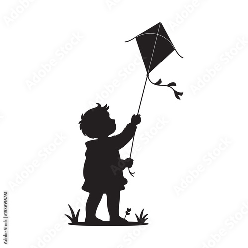Child silhouette flying kite: A child's silhouette, joyfully flies a kite, embracing the freedom and simple pleasure of a sunny day, captured against a serene backdrop.