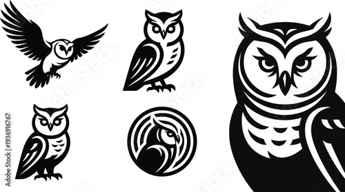 Black and White Owl Logo Vector Set Featuring Minimalist Great Horned Owl Illustrations with Flying Perching and Circular Mascot Graphics for Brand Identity Design