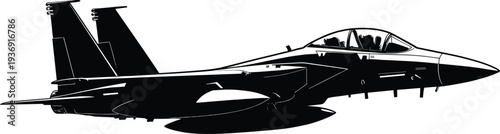 Black and white silhouette of a dual seat F-15 Eagle fighter jet flying isolated on white background for aviation military icons and decals