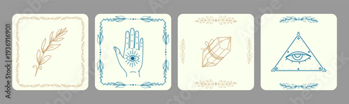 Mystical vintage card templates with mystical illustrations all seeing eye hand crystal botanical elements,spiritual boho line art vector set for cards oracle decks posters stickers branding packaging