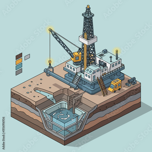 Isometric illustration of an oil drilling rig extracting resources from underground.