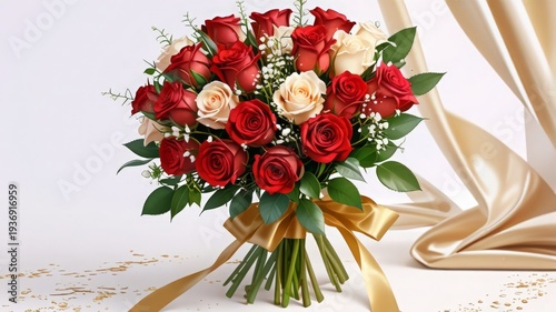 There is a bouquet of red and white roses with a gold ribbon