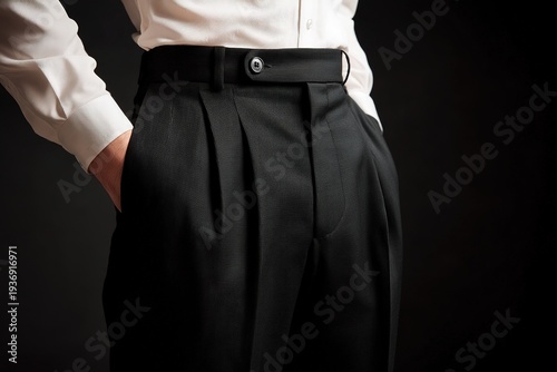 Close-up of tailored black trousers with pleats in studio lighting
