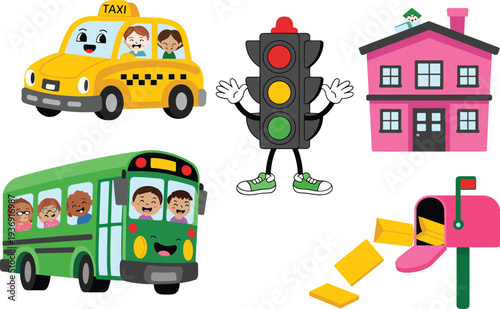 Playful cartoon city life illustration featuring taxi, bus, traffic light character, pink house, and mailbox with smiling faces in cheerful anthropomorphic style