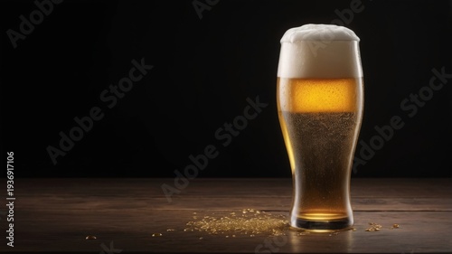 There is a glass of beer sitting on top of a wooden table