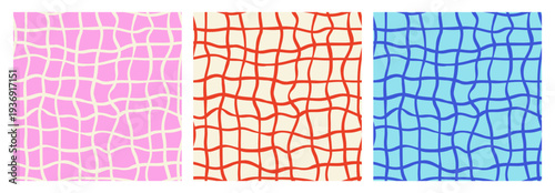 Set of abstract seamless patterns with hand drawn quirky checks. Psychedelic funky vector checkered backgrounds