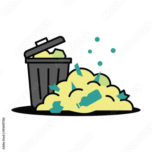 Overflowing trash can with yellow garbage and green waste spilling out onto the ground