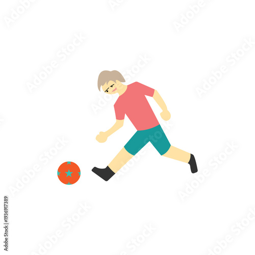 Flat illustration of a boy playing soccer and kicking a ball, simple cartoon style sports activity concept representing youth recreation, exercise, teamwork and active lifestyle