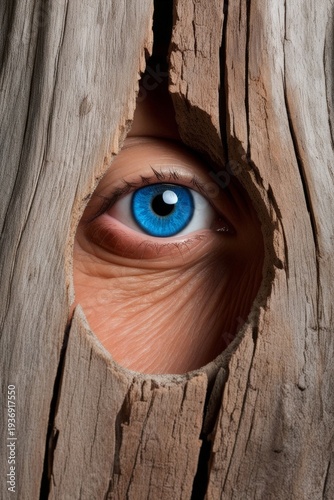 There is a close up of a person ' s eye looking through a hole in a piece of wood