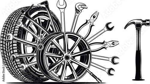 Black and white vector illustration featuring car tires with tread and alloy wheel surrounded by hand tools including wrenches, pliers, screwdrivers, hammer