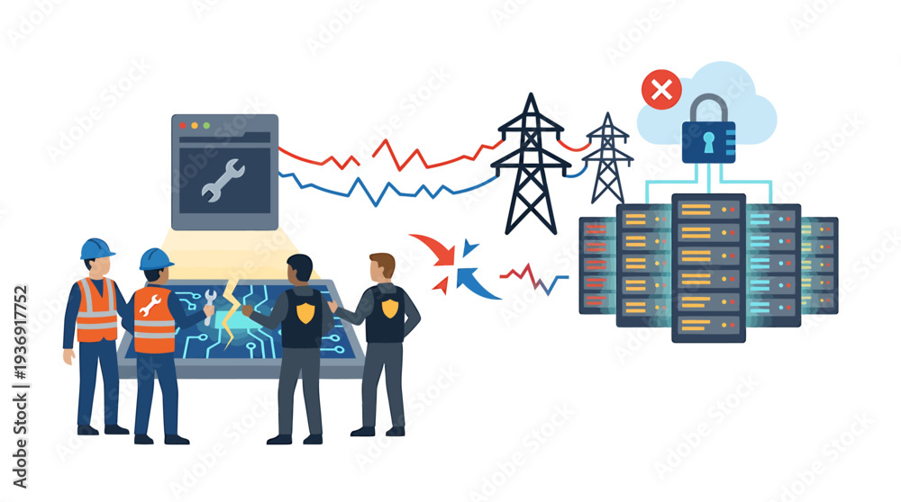 Fototapeta premium Industrial IT Team Working On Network Infrastructure And Security. Vector Illustrations. EPS Editable