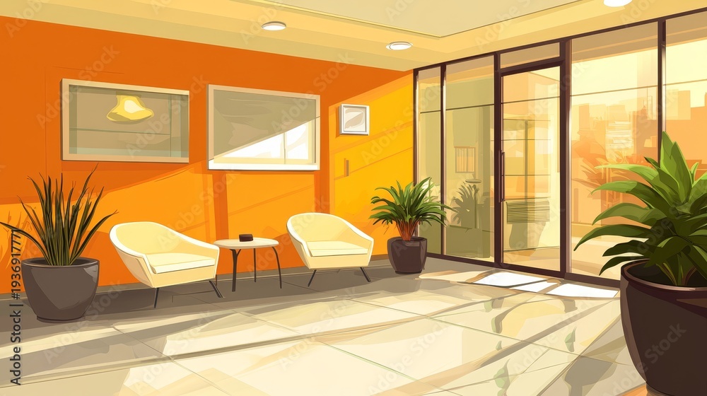 Fototapeta premium A modern, brightly lit interior featuring comfortable chairs, plants, and large glass windows