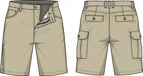 Beige cargo shorts with multiple pockets, casual men utility shorts front and back view detailed fashion illustration