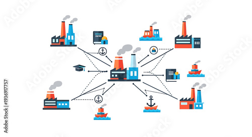 Industrial Network of Factories and Shipping Hubs Coordinated by Central System. Vector Illustrations. EPS Editable