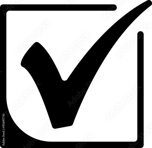 Black checkmark icon inside square box frame isolated on white background for task completion and verification