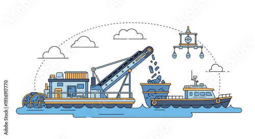 Industrial Port Scene with Cranes Ships and Barges. Vector Illustrations. EPS Editable