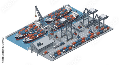 Industrial Port Scene with Cranes and Containers Showcasing Maritime Logistics. Vector Illustrations. EPS Editable