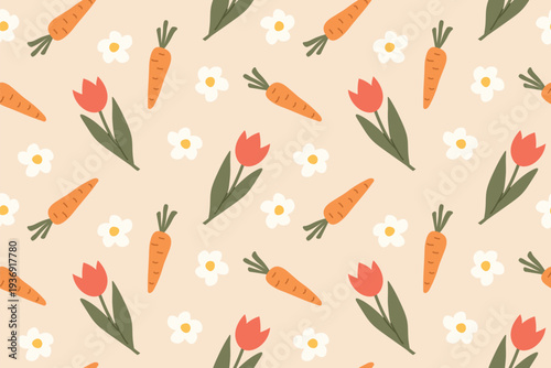 seamless spring, easter pattern with tulips, carrots and daisies - vector illustration