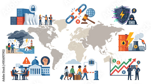 Global Business Collaboration Across Maps and Icons for Growth and Innovation. Vector Illustrations. EPS Editable