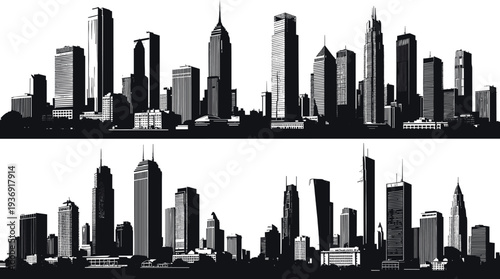 Black and white urban skyline silhouette collection featuring diverse modern skyscrapers and architectural city landmarks isolated on white for metropolitan business and travel design.
