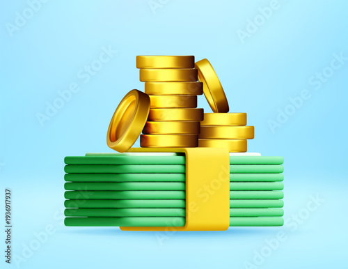 3D Stack of gold coins and bundle of banknotes. 3d stock vector illustration of business cash. Financial wealth, investment growth, banking savings and economy concept. Vector illustration