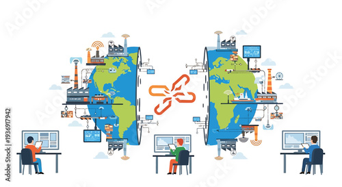 Global Collaboration and Digital Communication Across Continents. Vector Illustrations. EPS Editable