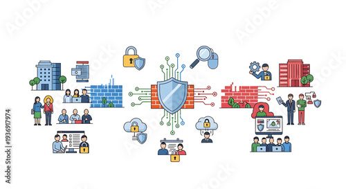 Global Collaboration and Cybersecurity Visualization Showcasing Teamwork and Data Protection. Vector Illustrations. EPS Editable