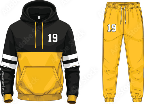 Black and Yellow Sports Tracksuit Hoodie and Joggers Set with Number 19 Branding, Athletic Team Uniform Mockup, Mens Streetwear Apparel