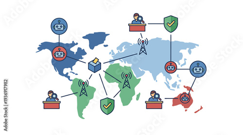 Global Cybersecurity Network Map with Security Icons. Vector Illustrations. EPS Editable