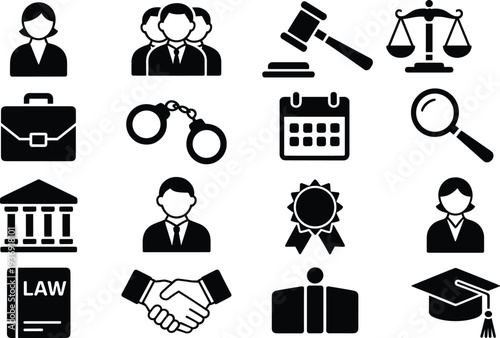 Black and white vector icons set illustrating law, justice, legal professions, courtroom symbols, attorney tools, education, agreement, and enforcement concepts