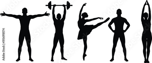Black and white vector illustration of five athletic silhouettes showing fitness, dance, yoga, strength, and confident posture in diverse physical activity poses