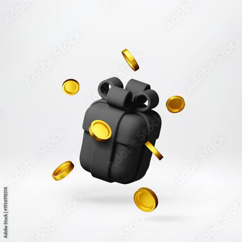 3D Black gift box surrounded by flying golden coins. Present with monetary reward. Conceptual design for sale, shopping, cashback and financial bonus promotion. Vector illustration