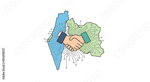 Handshake Across a Map Symbolizing Cooperation. Vector Illustrations. EPS Editable