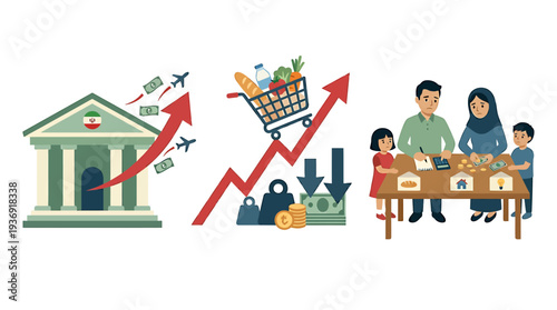 Growth and Market Trend Featuring Family Shopping and Bank. Vector Illustrations. EPS Editable