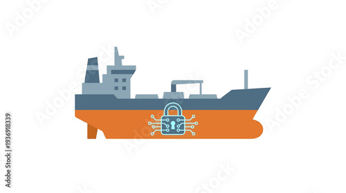 Industrial cargo ship illustration in blue and orange colors. Vector Illustrations. EPS Editable