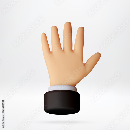 3D hand showing open palm greeting gesture. Cartoon businessman hand icon for business interface. Digital graphic element for user communication and interaction. Vector illustration