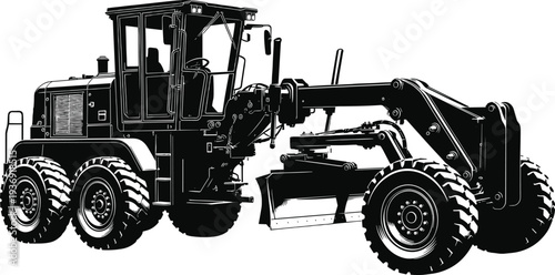 Black and white vector illustration of a heavy duty motor grader construction machine used for road work grading and leveling on white background
